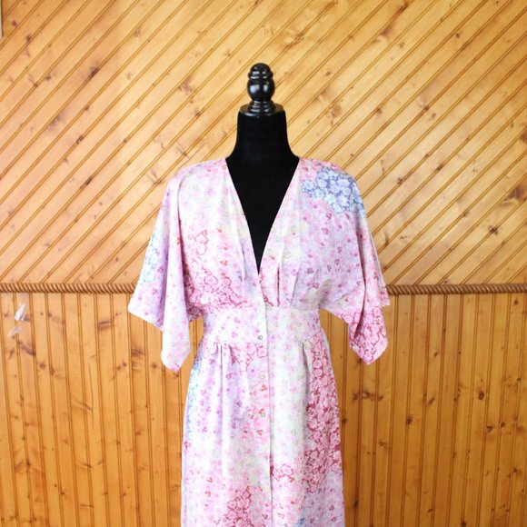 Forest Lily Floral Maxi Dress Patchwork Button Up Short Kimono Sleeve Small D70 - Picture 9 of 11